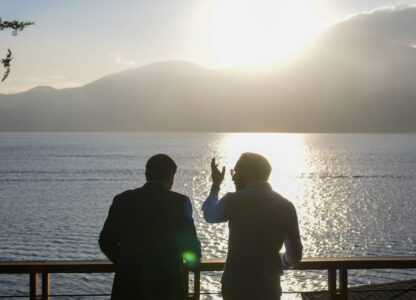 U.S. Secretary of State Marco Rubio, left, meets with President Nayib Bukele at his residence at Lake Coatepeque, El Salvador, Monday, Feb. 3, 2025. (AP Photo/Mark Schiefelbein, Pool)