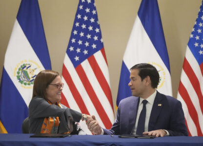 U.S. Secretary of State Marco Rubio, right, and El Salvador's Foreign Minister Alexandra Hill Tinoco shake hands after signing a memorandum of understanding regarding civil nuclear cooperation between their countries at the Intercontinental Real Hotel in San Salvador, El Salvador, Monday, Feb. 3, 2025. (AP Photo/Mark Schiefelbein, Pool)