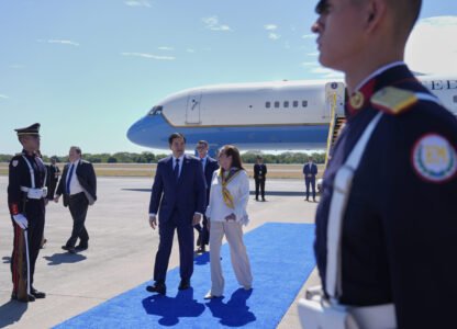 El Salvador's Foreign Minister Alexandra Hill Tinoco, center right, walks with U.S. Secretary of State Marco Rubio upon his arrival at the international airport in San Luis Talpa, El Salvador, Monday, Feb. 3, 2025. (AP Photo/Mark Schiefelbein, Pool)