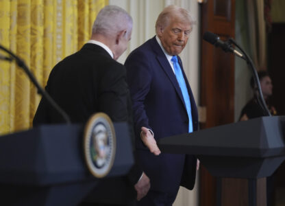President Donald Trump shakes hands with Israel's Prime Minister Benjamin Netanyahu after a news conference in the East Room of the White House, Tuesday, Feb. 4, 2025, in Washington. (AP Photo/Evan Vucci)