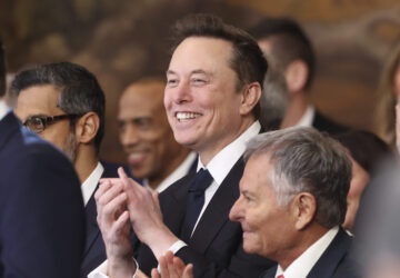 Elon Musk listens as President Donald Trump speaks after taking the oath of office at the 60th Presidential Inauguration in the Rotunda of the U.S. Capitol in Washington, Monday, Jan. 20, 2025. (Kevin Lamarque/Pool Photo via AP)