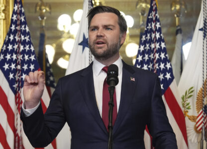 Vice President JD Vance speaks before swearing in Secretary of State Marco Rubio in the Vice Presidential Ceremonial Office in the Eisenhower Executive Office Building on the White House campus, Tuesday, Jan. 21, 2025, in Washington. (AP Photo/Evan Vucci)