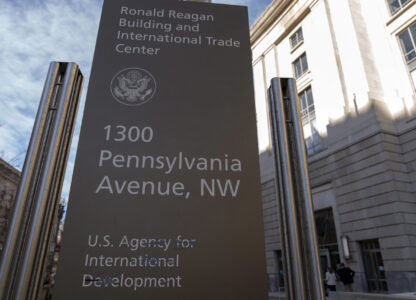 The U.S. Agency for International Development sign is seen outside of USAID headquarters in Washington, Friday, Feb. 7, 2025. (AP Photo/Jose Luis Magana)