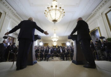FILE - President Donald Trump and Israeli Prime Minister Benjamin Netanyahu speak during a news conference in the East Room of the White House, Tuesday, Feb. 4, 2025, in Washington. (AP Photo/Alex Brandon, file)