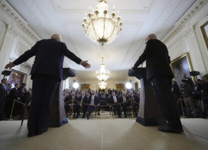 FILE - President Donald Trump and Israeli Prime Minister Benjamin Netanyahu speak during a news conference in the East Room of the White House, Tuesday, Feb. 4, 2025, in Washington. (AP Photo/Alex Brandon, file)