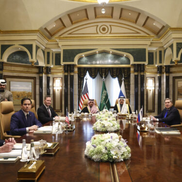 U.S. Secretary of State Marco Rubio, second left, meets with Saudi Foreign Minister Prince Faisal bin Farhan Al Saud, Saudi National Security Advisor Mosaad bin Mohammad Al-Aiban, U.S. National Security Advisor Mike Waltz, third left, U.S. Middle East envoy Steve Witkoff, left, Russian Foreign Minister Sergei Lavrov, right, and Russian President Vladimir Putin's foreign policy advisor Yuri Ushakov, second right, at Diriyah Palace, in Riyadh, Saudi Arabia, Tuesday Feb. 18, 2025. (Evelyn Hockstein/Pool Photo via AP)