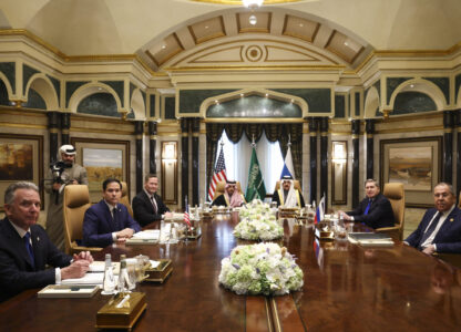 U.S. Secretary of State Marco Rubio, second left, meets with Saudi Foreign Minister Prince Faisal bin Farhan Al Saud, Saudi National Security Advisor Mosaad bin Mohammad Al-Aiban, U.S. National Security Advisor Mike Waltz, third left, U.S. Middle East envoy Steve Witkoff, left, Russian Foreign Minister Sergei Lavrov, right, and Russian President Vladimir Putin's foreign policy advisor Yuri Ushakov, second right, at Diriyah Palace, in Riyadh, Saudi Arabia, Tuesday Feb. 18, 2025. (Evelyn Hockstein/Pool Photo via AP)