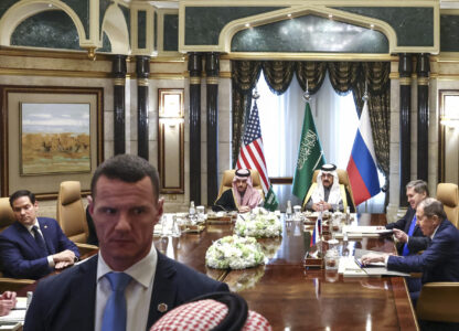 U.S. Secretary of State Marco Rubio, left, Saudi Foreign Minister Prince Faisal bin Farhan Al Saud, Saudi National Security Advisor Mosaad bin Mohammad Al-Aiban, Russian Foreign Minister Sergei Lavrov, right, and Russian President Vladimir Putin's foreign policy advisor Yuri Ushakov, second right, attend their meeting at Diriyah Palace, in Riyadh, Saudi Arabia, Tuesday Feb. 18, 2025. (Evelyn Hockstein/Pool Photo via AP)