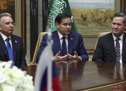 U.S. Secretary of State Marco Rubio, U.S. National Security Advisor Mike Waltz, and U.S. Middle East envoy Steve Witkoff attend an interview after meeting with Russian Foreign Minister Sergei Lavrov and Russian President Vladimir Putin's foreign policy advisor Yuri Ushakov, at Diriyah Palace, in Riyadh, Saudi Arabia, Tuesday, Feb. 18, 2025. (Evelyn Hockstein/Pool Photo via AP)