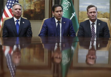 U.S. Secretary of State Marco Rubio, U.S. National Security Advisor Mike Waltz, and U.S. Middle East envoy Steve Witkoff attend an interview after meeting with Russian Foreign Minister Sergei Lavrov and Russian President Vladimir Putin's foreign policy advisor Yuri Ushakov, at Diriyah Palace, in Riyadh, Saudi Arabia, Tuesday, Feb. 18, 2025. (Evelyn Hockstein/Pool Photo via AP)