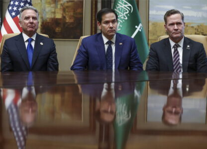 U.S. Secretary of State Marco Rubio, U.S. National Security Advisor Mike Waltz, and U.S. Middle East envoy Steve Witkoff attend an interview after meeting with Russian Foreign Minister Sergei Lavrov and Russian President Vladimir Putin's foreign policy advisor Yuri Ushakov, at Diriyah Palace, in Riyadh, Saudi Arabia, Tuesday, Feb. 18, 2025. (Evelyn Hockstein/Pool Photo via AP)