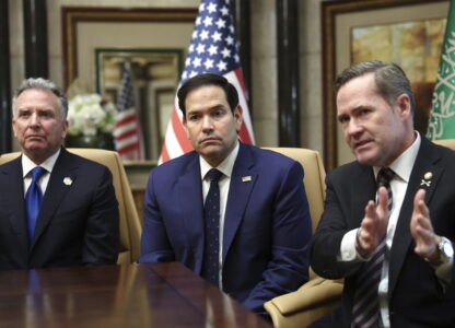 U.S. Secretary of State Marco Rubio, U.S. National Security Advisor Mike Waltz and U.S. Middle East envoy Steve Witkoff attend an interview after meeting with Russian Foreign Minister Sergei Lavrov and Russian President Vladimir Putin's foreign policy advisor Yuri Ushakov, at Diriyah Palace, in Riyadh, Saudi Arabia, Tuesday, Feb. 18, 2025. (Evelyn Hockstein/Pool Photo via AP)