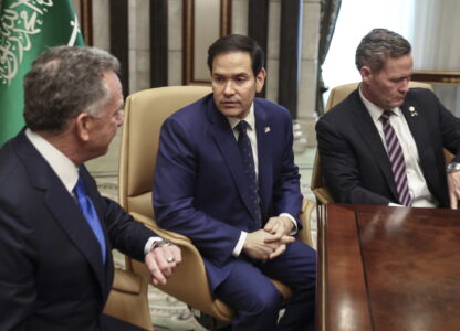 U.S. Secretary of State Marco Rubio, U.S. National Security Advisor Mike Waltz, and U.S. Middle East envoy Steve Witkoff wait to be interviewed after meeting with Russian Foreign Minister Sergei Lavrov and Russian President Vladimir Putin's foreign policy advisor Yuri Ushakov, at Diriyah Palace, in Riyadh, Saudi Arabia, Tuesday, Feb. 18, 2025. (Evelyn Hockstein/Pool Photo via AP)
