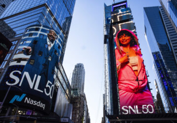 The SNL50 logo is seen outside the Nasdaq Marketplace in New York's Times Square, Friday, Feb. 14, 2025. (AP Photo/Eduardo Munoz Alvarez)