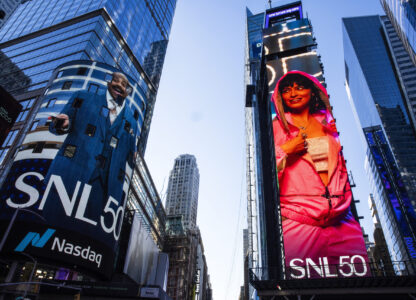 The SNL50 logo is seen outside the Nasdaq Marketplace in New York's Times Square, Friday, Feb. 14, 2025. (AP Photo/Eduardo Munoz Alvarez)