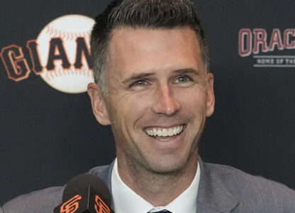 FILE - San Francisco Giants president of baseball operations Buster Posey speaks during a news conference in San Francisco, Oct. 1, 2024. (AP Photo/Jeff Chiu, File)