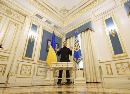 Ukrainian President Volodymyr Zelenskyy speaks to journalists during press conference in Kyiv, Ukraine, Wednesday, Feb. 26, 2025. (AP Photo/Evgeniy Maloletka)