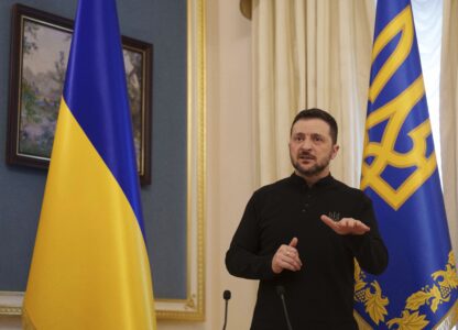 Ukrainian President Volodymyr Zelenskyy speaks to journalists during press conference in Kyiv, Ukraine, Wednesday, Feb. 26, 2025. (AP Photo/Evgeniy Maloletka)