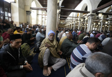 Muslims pray during Friday prayers at Al-Azhar mosque, the Sunni Muslim world's premier Islamic institution, during Ramadan, in Cairo, Egypt, Friday, April 7, 2023. (AP Photo/Amr Nabil)