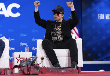 Elon Musk gestures during the Conservative Political Action Conference, CPAC, at the Gaylord National Resort & Convention Center, Thursday, Feb. 20, 2025, in Oxon Hill, Md. (AP Photo/Jose Luis Magana)