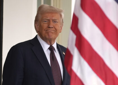 President Donald Trump stands before British Prime Minister Keir Starmer arrives at the White House, Thursday, Feb. 27, 2025, in Washington. (AP Photo/Evan Vucci)