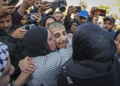 Mohammed Sahloul, 17, is greeted by his sister Nidaa after being released from an Israeli prison in Khan Younis, Gaza Strip, Thursday, Feb. 27, 2025. (AP Photo/Abdel Kareem Hana)