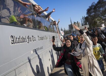 Freed Palestinian detainees are greeted after being released from an Israeli prison following a ceasefire agreement between Hamas and Israel in Khan Younis, Gaza Strip, Thursday, Feb. 27, 2025. (AP Photo/Abdel Kareem Hana)