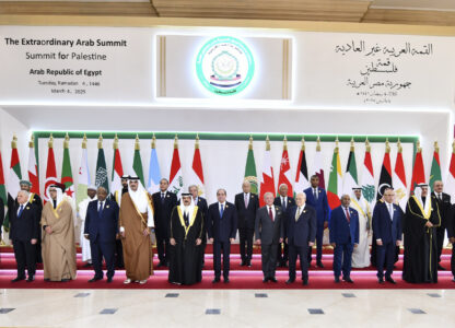 In this photo provided by Egypt's presidency media office, Arab leaders pose during the emergency Arab summit at Egypt's New Administrative Capital, just outside Cairo, Tuesday, March 4, 2025. (Egyptian Presidency Media Office via AP)