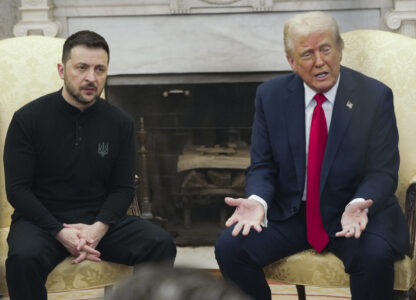 President Donald Trump, right, meets with Ukrainian President Volodymyr Zelenskyy in the Oval Office at the White House, Friday, Feb. 28, 2025, in Washington. (AP Photo/ Mystyslav Chernov)
