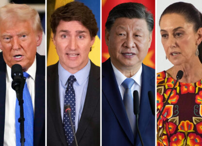 This combination of file photos shows, from left, U.S. President Donald Trump in Palm Beach, Fla., Feb. 7, 2025, Canadian Prime Minister Justin Trudeau in Kyiv, Ukraine, June 10, 2023, China's President Xi Jinping in Brasilia, Brazil, Nov. 20, 2024, and Mexico's President in Mexico City, June 27, 2024. Claudia Sheinbaum (AP Photo)
