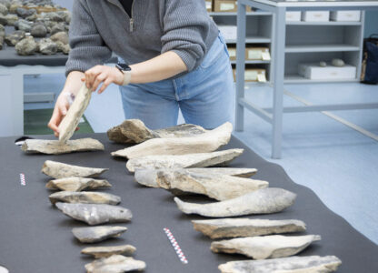 In this photo provided by the Spanish National Research Council (CSIC), conservator Ana Seisdedo holds a bone tool found in Tanzania's Olduvai Gorge, at the CSIC-Pleistocene Archaeology Lab in Madrid in 2023. (Angeliki Theodoropoulou/CSIC via AP)