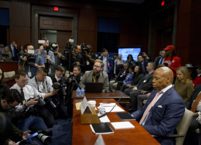 New York City Mayor Eric Adams takes his seat at the witness table during a House Committee on Oversight and Government Reform hearing with Sanctuary City Mayors on Capitol Hill, Wednesday, March 5, 2025, in Washington. (AP Photo/Rod Lamkey, Jr.)