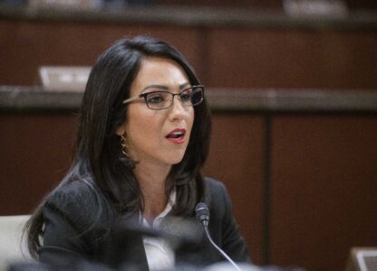 Rep. Lauren Boebert, R-Colo., questions Denver Mayor Mike Johnston during a House Committee on Oversight and Government Reform hearing with Sanctuary City Mayors on Capitol Hill, Wednesday, March 5, 2025, in Washington. (AP Photo/Rod Lamkey, Jr.)