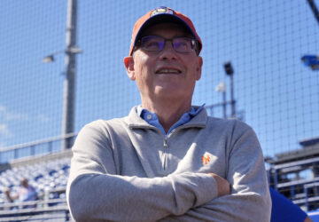 FILE - New York Mets owner Steve Cohen talks to the media during spring training baseball practice, Monday, Feb. 17, 2025, in Port St. Lucie, Fla. (AP Photo/Jeff Roberson, File)