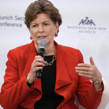U.S. Senator Jeanne Shaheen speaks as she participates in a panel discussion during the Munich Security Conference at the Bayerischer Hof Hotel in Munich, Germany, Saturday, Feb. 15, 2025. (AP Photo/Matthias Schrader)