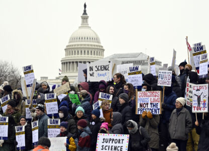 FILE - Medical researchers from universities and the National Institutes of Health rally near the Health and Human Services headquarters to protest federal budget cuts Wednesday, Feb. 19, 2025, in Washington. (AP Photo/John McDonnell, File)