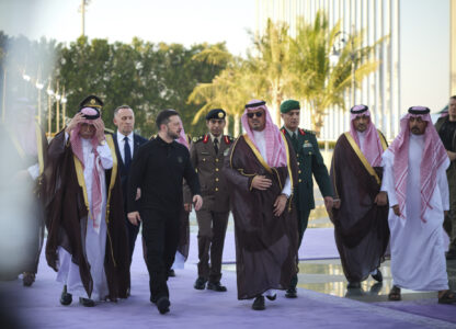 CORRECTS CITY - In this photo provided by the Ukrainian Presidential Press Office, Ukrainian President Volodymyr Zelenskyy, center left, meets with Prince Saud bin Mishaal, deputy governor of Saudi Arabia's Mecca region, center right, in Jeddah, Saudi Arabia, Monday, March 10, 2025. (Ukrainian Presidential Press Office via AP)