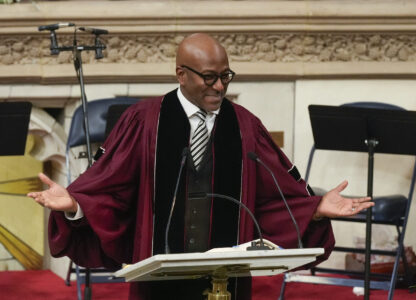 Senior Pastor of The Abyssinian Baptist Church, Reverend Dr. Kevin R. Johnson speaks during a ceremony in celebration of Roberta Flack's life at The Abyssinian Baptist Church on Monday, March 10, 2025, in New York. (AP Photo/Richard Drew)