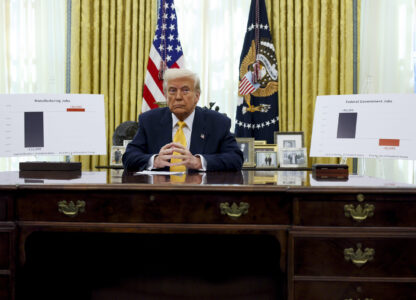 President Donald Trump delivers remarks in the Oval Office of the White House in Washington, Friday, March 7, 2025. (Pool via AP)