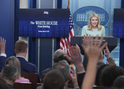 White House press secretary Karoline Leavitt speaks with reporters in the James Brady Press Briefing Room at the White House, Tuesday, March 11, 2025, in Washington. (AP Photo/Evan Vucci)