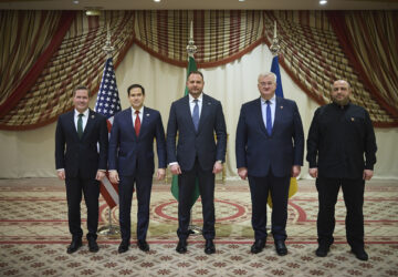 In this photo provided by the Ukrainian Presidential Press Office, From left, US National Security Advisor Mike Waltz, US Secretary of State Marco Rubio, Ukrainian Head of Presidential Office Andriy Yermak, Ukrainian Foreign Minister Andrii Sybiha, and Ukrainian Minister of Defense Rustem Umerov pose for a photo after meeting in Jeddah, Saudi Arabia, Tuesday, March 11, 2025. (Ukrainian Presidential Press Office via AP)