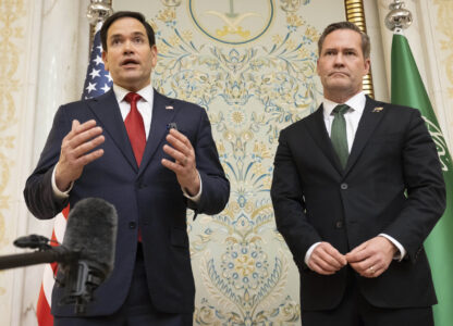U.S. Secretary of State Marco Rubio, left, and U.S. National Security Advisor Mike Waltz speak with the media following meetings with a Ukrainian delegation in Jeddah, Saudi Arabia, March 11, 2025. (Saul Loeb/Pool Photo via AP)
