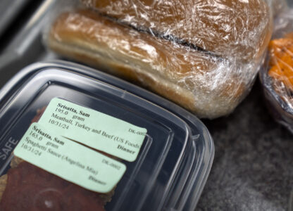 Food labeled and prepared for college student and research subject Sam Srisatta sits on a tray in a kitchen during a study on the health effects of ultraprocessed foods at the National Institutes of Health in Bethesda, Md., on Thursday, Oct. 31, 2024. (AP Photo/Mark Schiefelbein)