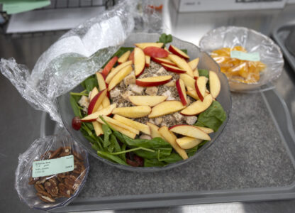 A salad prepared for college student and research subject Sam Srisatta sits on a tray in a kitchen during a study on the health effects of ultraprocessed foods at the National Institutes of Health in Bethesda, Md., on Thursday, Oct. 31, 2024. (AP Photo/Mark Schiefelbein)