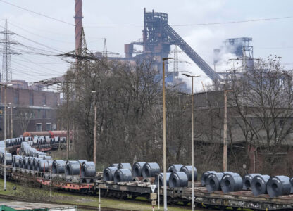 FILE - Steel on coil cars ahead of transport at the main factory of struggling steel producer thyssenkrupp in Duisburg, Germany, Tuesday, Feb. 4, 2025. (AP Photo/Martin Meissner, File)
