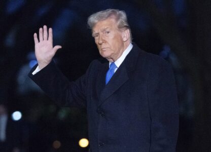 President Donald Trump waves to the media as he walks on South Lawn of the White House, in Washington, Sunday, March 9, 2025. (AP Photo/Jose Luis Magana)