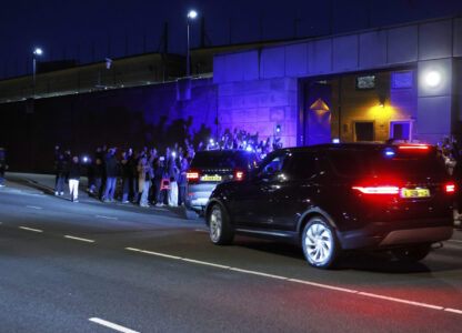 A motorcade believed to be carrying former Philippine President Rodrigo Duterte arrives at the International Criminal Court detention center near The Hague in Scheveningen, Netherlands, Wednesday, March 12, 2025. (AP Photo/Omar Havana)