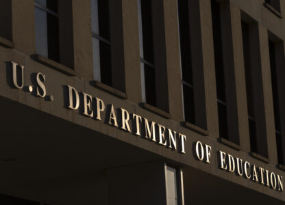 FILE - The headquarters of the U.S. Department of Education, March 12, 2025, in Washington. (AP Photo/Mark Schiefelbein, File)