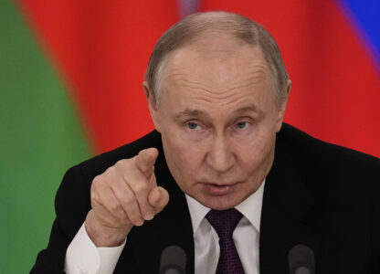 Russian President Vladimir Putin speaks during a joint news conference with Belarusian President Alexander Lukashenko following their talks at the Grand Kremlin Palace in Moscow, Russia, Thursday, March 13, 2025. (AP Photo/Alexander Zemlianichenko)