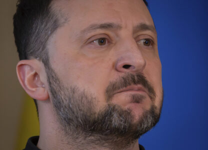 Ukrainian President Volodymyr Zelenskyy attends a briefing in Kyiv, Ukraine, Wednesday, March 12, 2025. (AP Photo/Efrem Lukatsky)